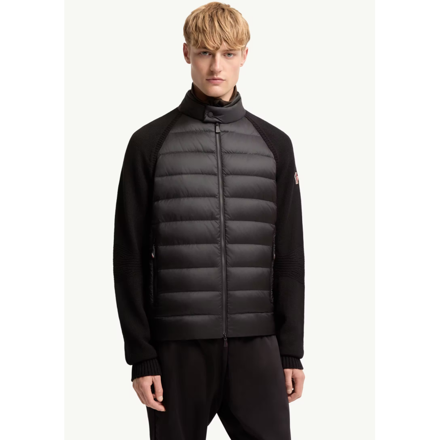 Cardigan matelassé zippé MONCLER en laine mélangée bi matière nylon noir Grenoble Collection