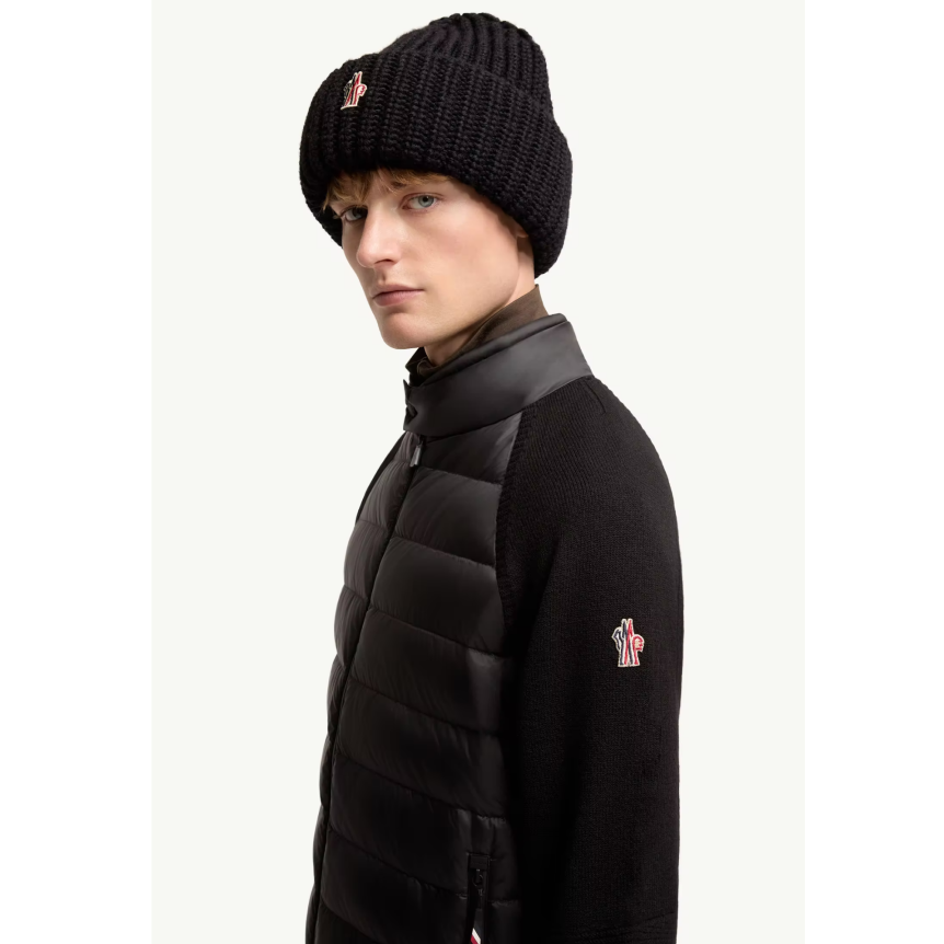 Cardigan matelassé zippé MONCLER en laine mélangée bi matière nylon noir Grenoble Collection