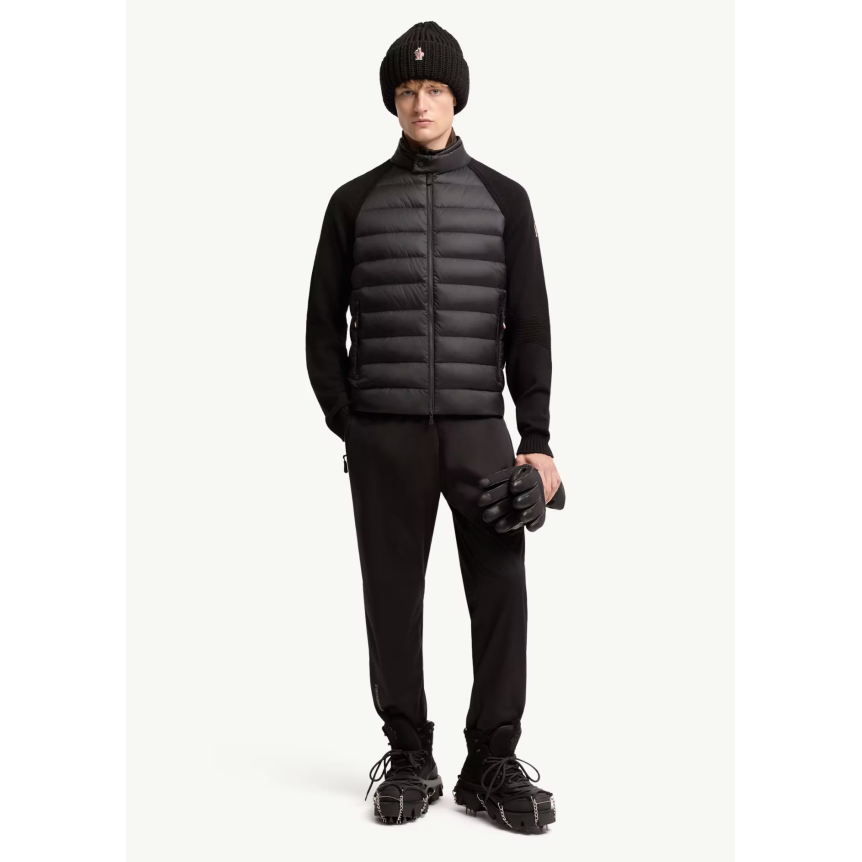 Cardigan matelassé zippé MONCLER en laine mélangée bi matière nylon noir Grenoble Collection