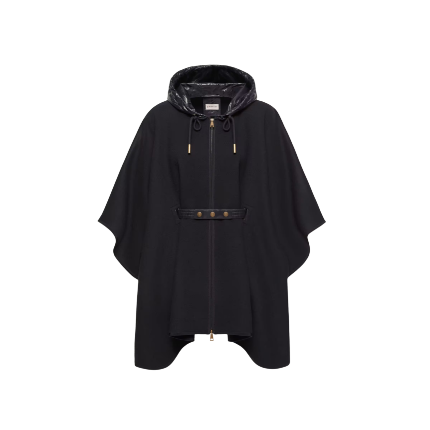 Cape capuche matelassée MONCLER laine vierge mélangée noir ceinture