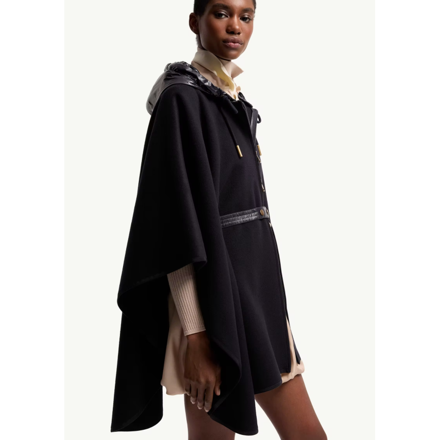 Cape capuche matelassée MONCLER laine vierge mélangée noir ceinture