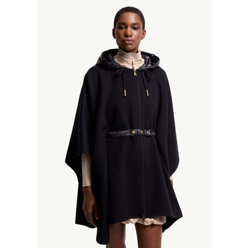 Cape capuche matelassée MONCLER laine vierge mélangée noir ceinture