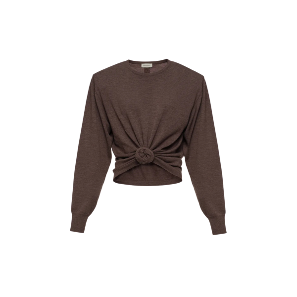 Pull col rond MAGDA BUTRYM manche longue laine marron rose fronce nœud