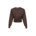 Pull col rond manche longue laine marron rose fronce nœud