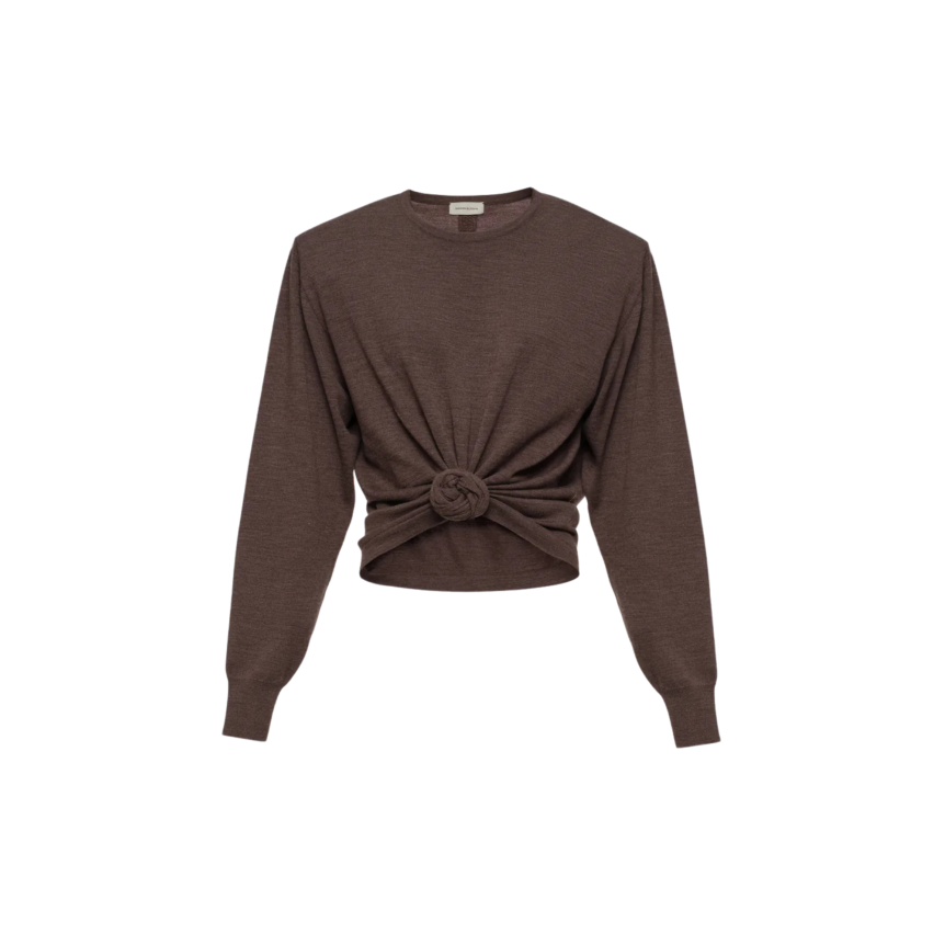 Pull col rond MAGDA BUTRYM manche longue laine marron rose fronce nœud