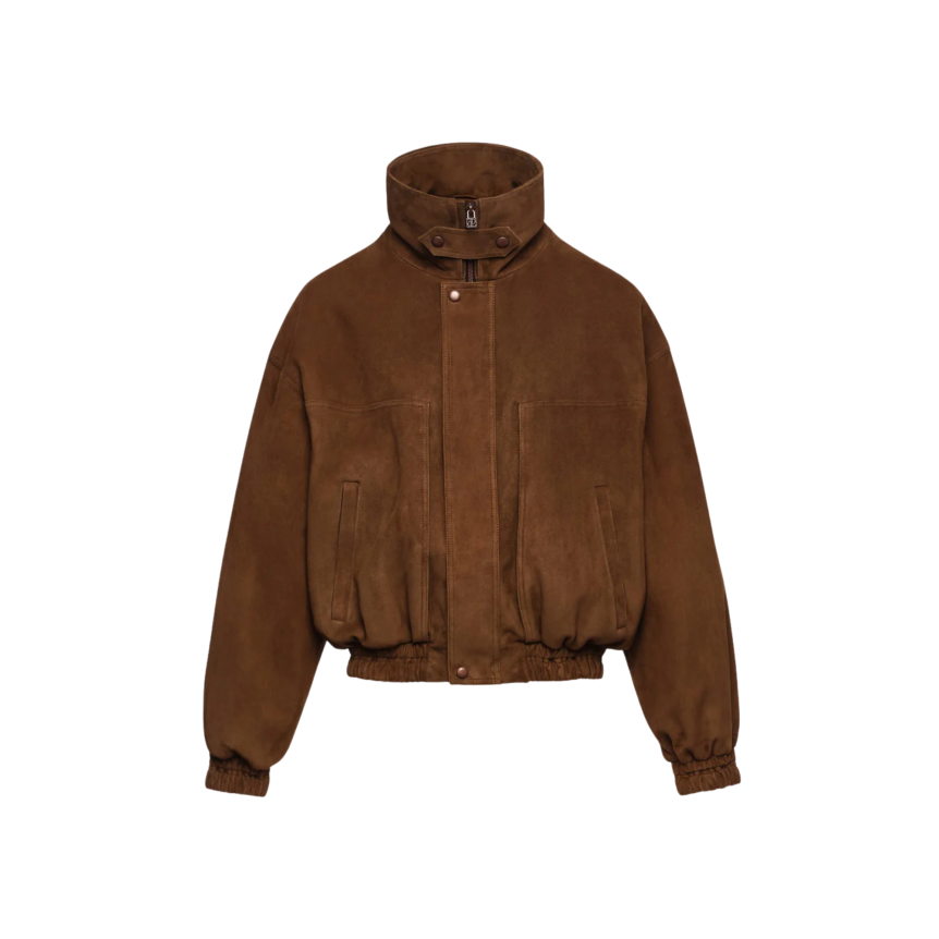 Blouson aviateur MAGDA BUTRYM en cuir suédé marron avec col montant à pression