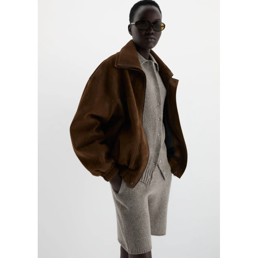 Blouson aviateur MAGDA BUTRYM en cuir suédé marron avec col montant à pression