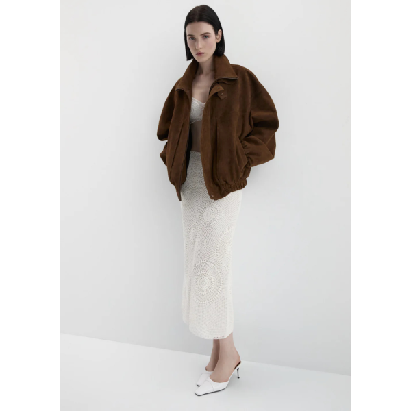 Blouson aviateur MAGDA BUTRYM en cuir suédé marron avec col montant à pression