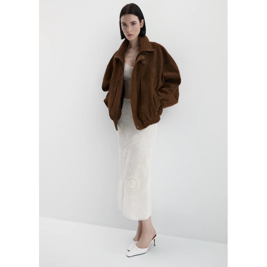 Blouson aviateur MAGDA BUTRYM en cuir suédé marron avec col montant à pression
