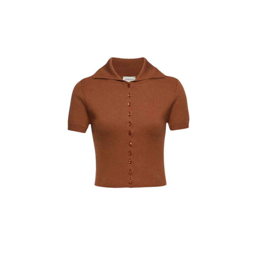 Pull polo à boutons MAGDA BUTRYM manche courte coton cachemire  marron