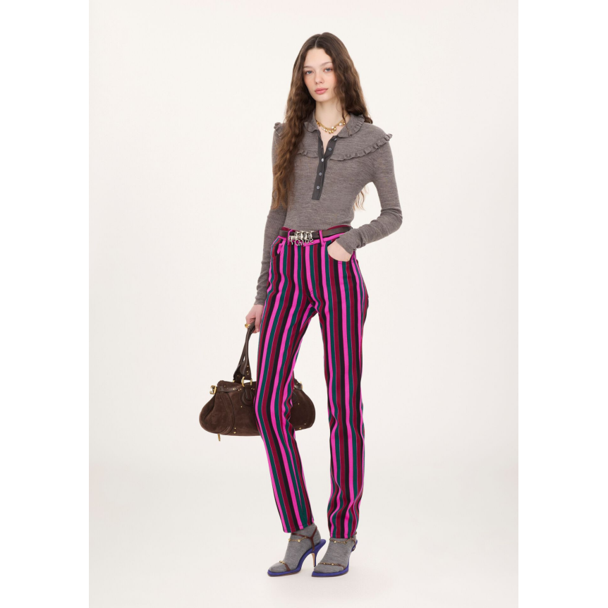 Top Pull CHLOE henley ajusté en maille de laine extrafine gris clair volants boutons