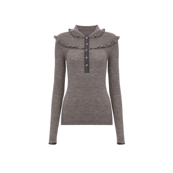 Top Pull CHLOE henley ajusté en maille de laine extrafine gris clair volants boutons