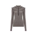 Top Pull henley ajusté en maille de laine extrafine gris clair volants boutons