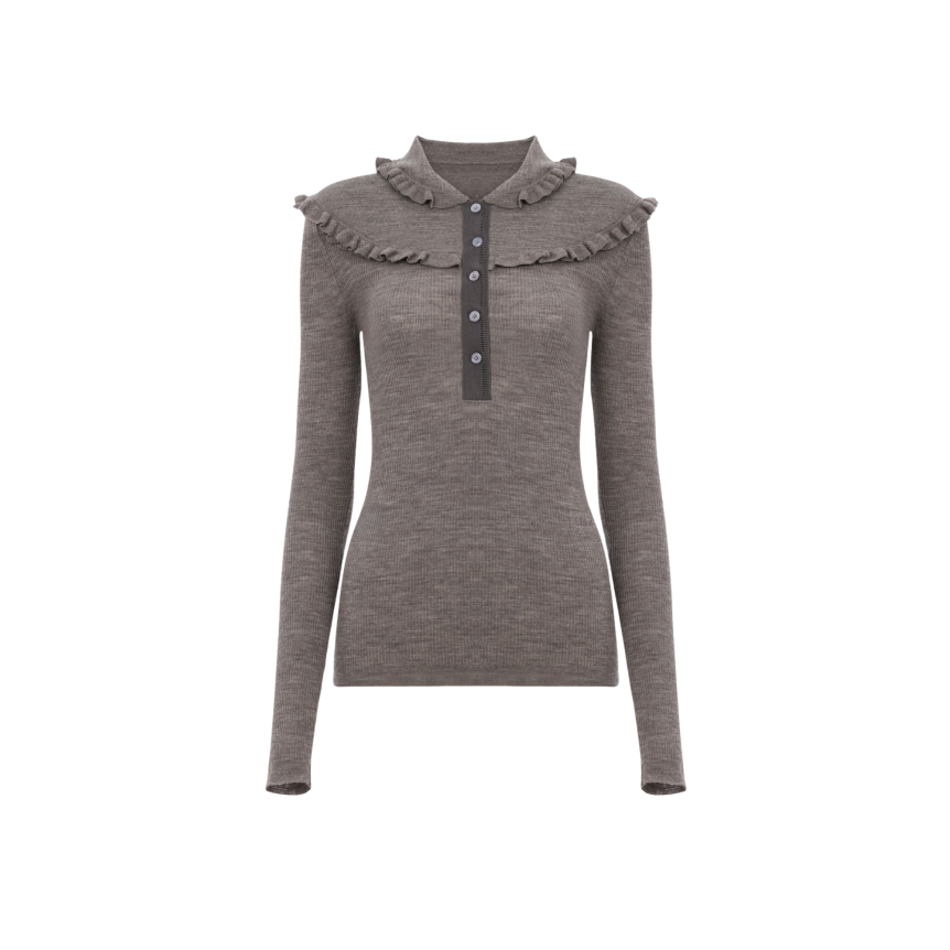 Top Pull CHLOE henley ajusté en maille de laine extrafine gris clair volants boutons