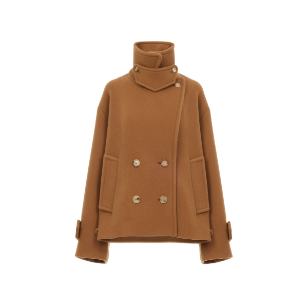 Manteau court oversize croisé CHLOE en laine douce camel mentonnière bouton corne