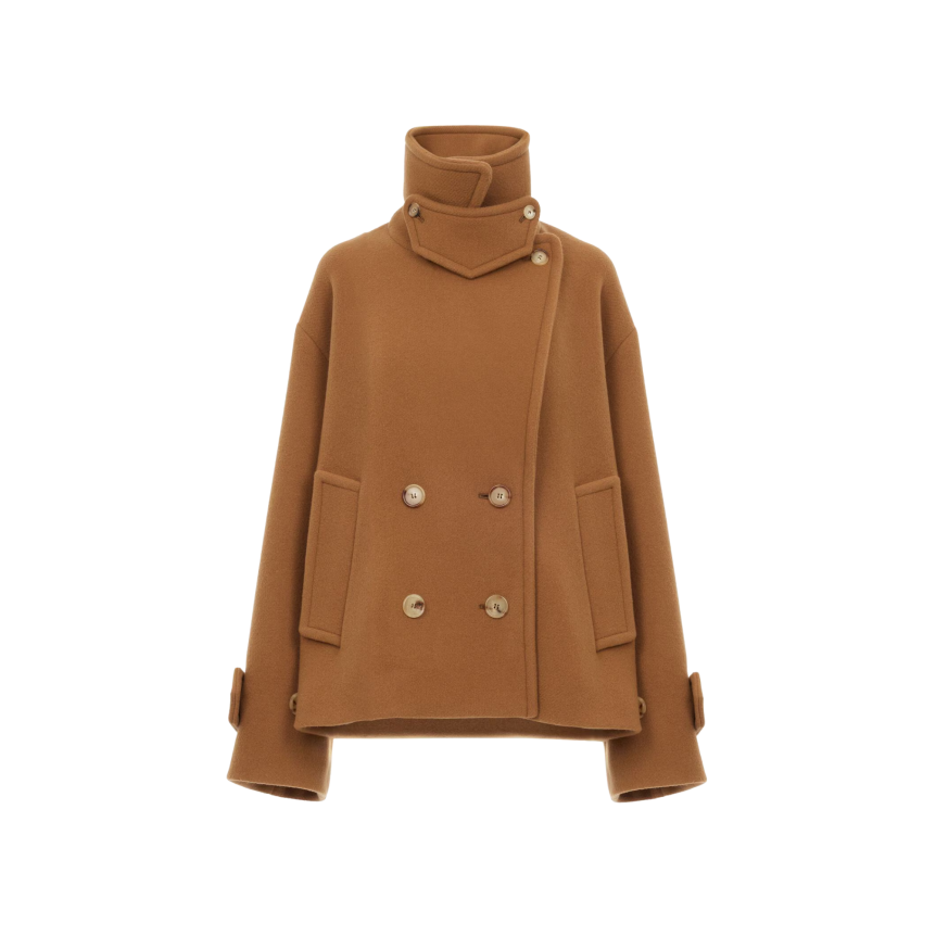Manteau court oversize croisé CHLOE en laine douce camel mentonnière bouton corne