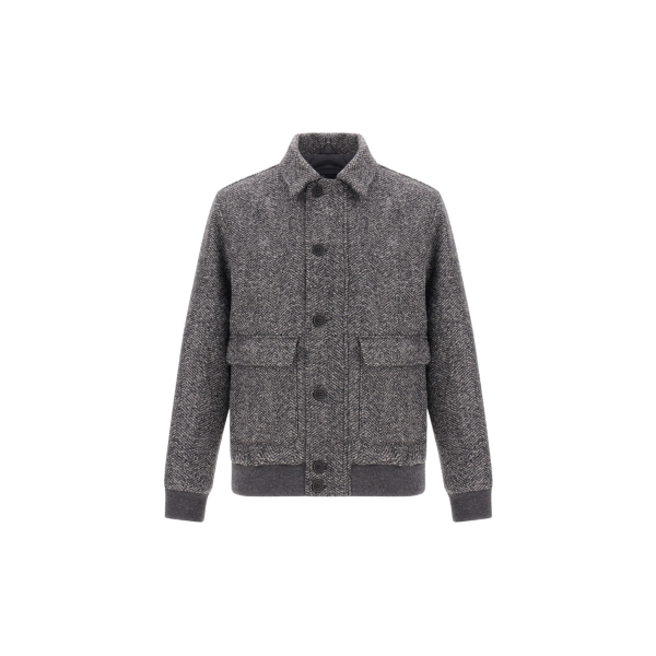 Blouson bomber HERNO Herringbone laine vierge gris gros chevrons poches plaquées rabat