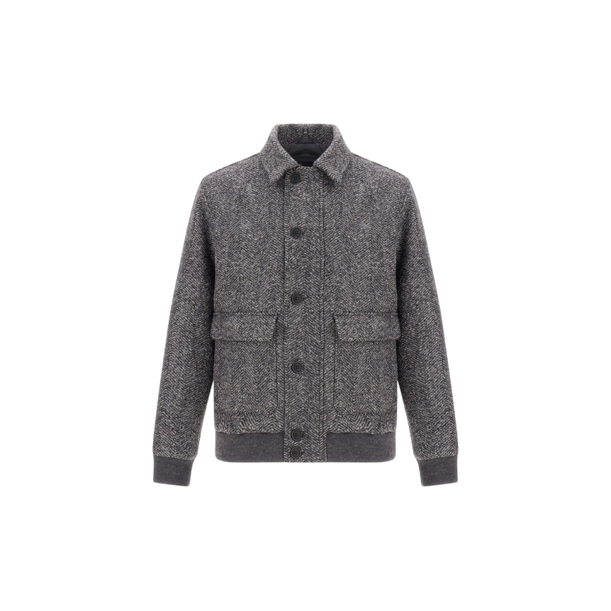 Blouson bomber HERNO Herringbone laine vierge gris gros chevrons poches plaquées rabat