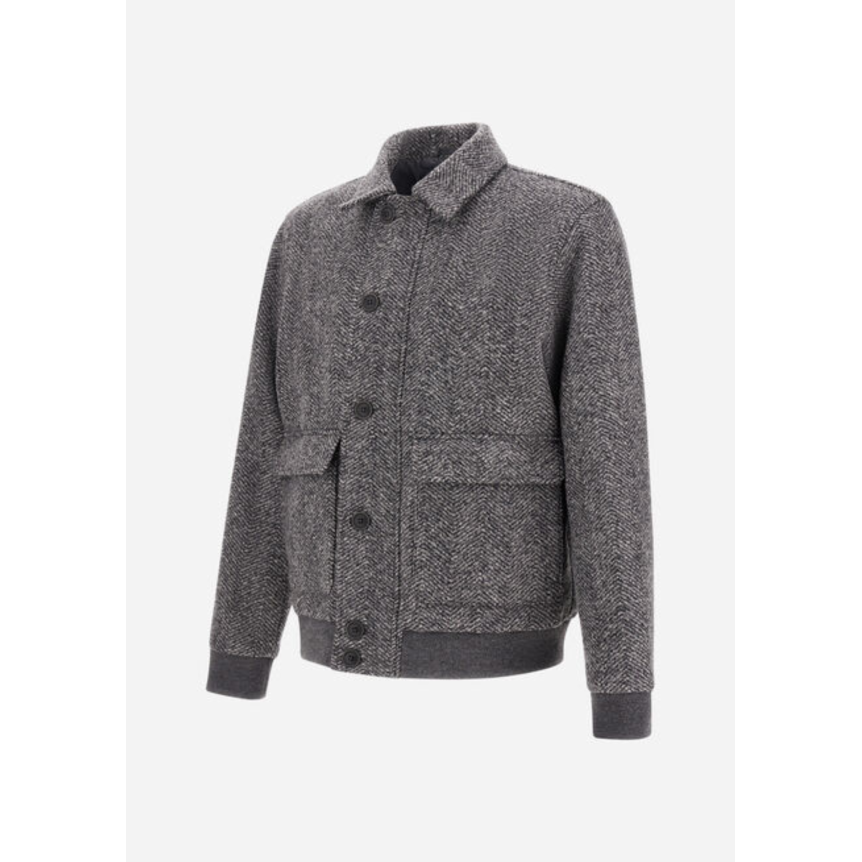 Blouson bomber HERNO Herringbone laine vierge gris gros chevrons poches plaquées rabat