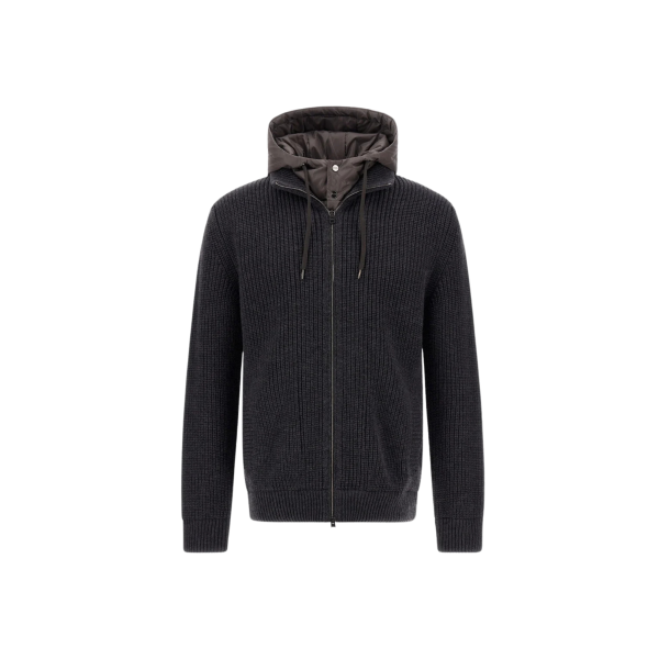 Cardigan zippé HERNO veste en côtes anglaises de pure laine mérinos gris anthracite capuche nylon