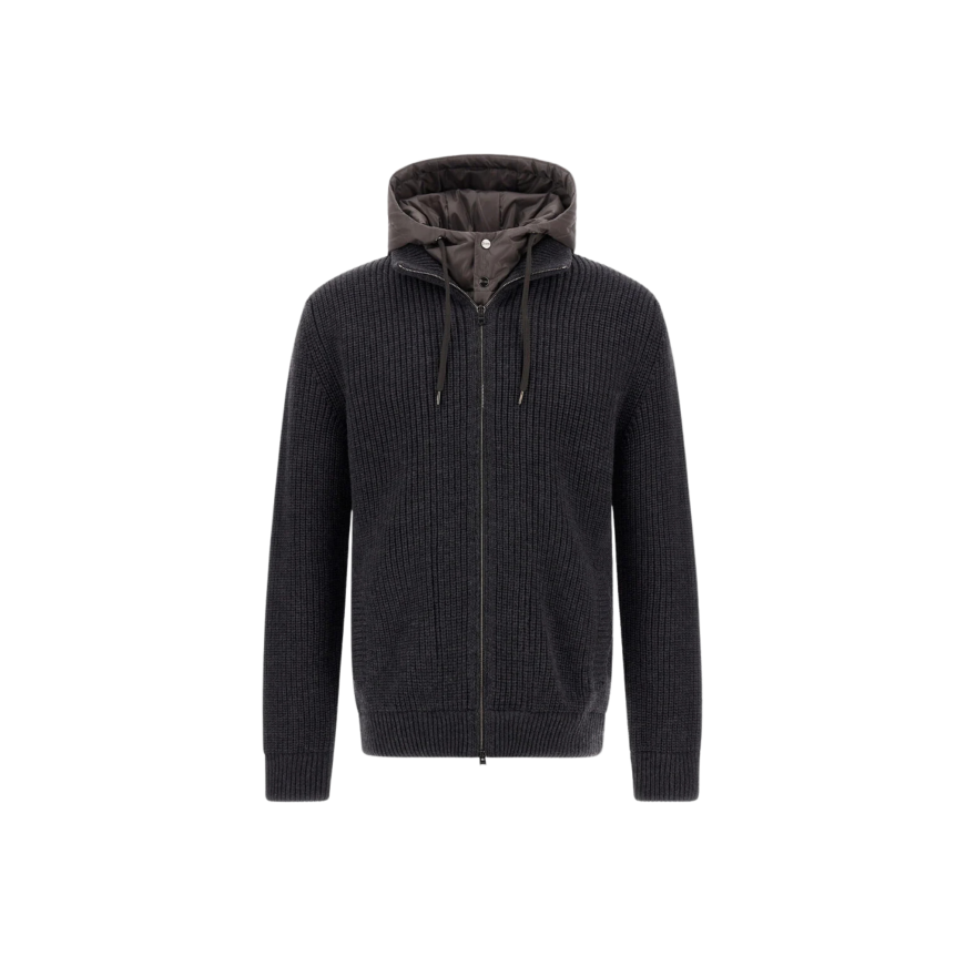 Cardigan zippé HERNO veste en côtes anglaises de pure laine mérinos gris anthracite capuche nylon