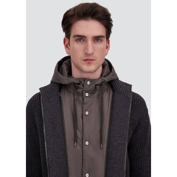 Cardigan zippé HERNO veste en côtes anglaises de pure laine mérinos gris anthracite capuche nylon