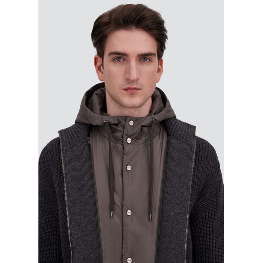 Cardigan zippé HERNO veste en côtes anglaises de pure laine mérinos gris anthracite capuche nylon