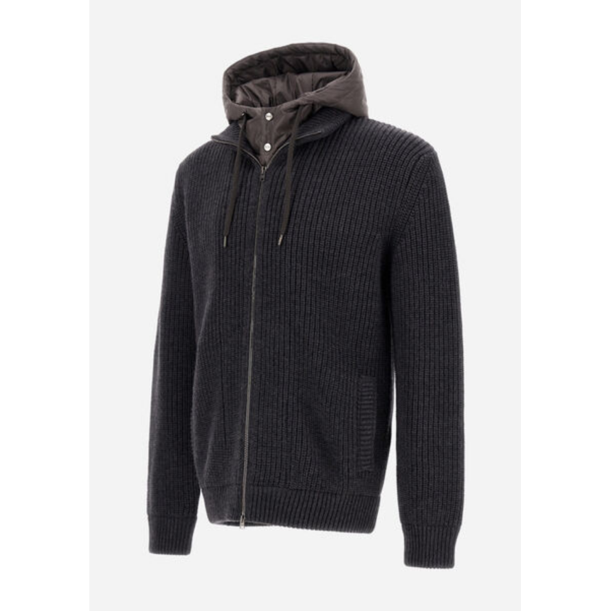 Cardigan zippé HERNO veste en côtes anglaises de pure laine mérinos gris anthracite capuche nylon