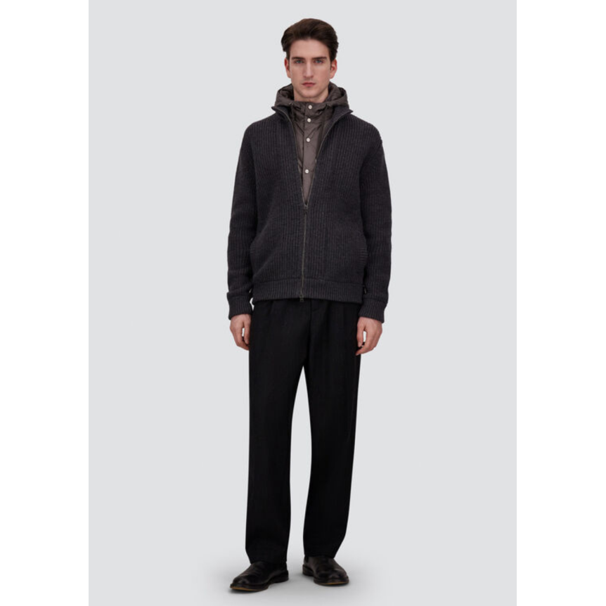 Cardigan zippé HERNO veste en côtes anglaises de pure laine mérinos gris anthracite capuche nylon