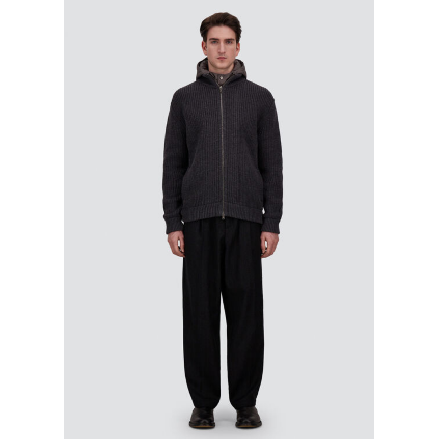 Cardigan zippé HERNO veste en côtes anglaises de pure laine mérinos gris anthracite capuche nylon