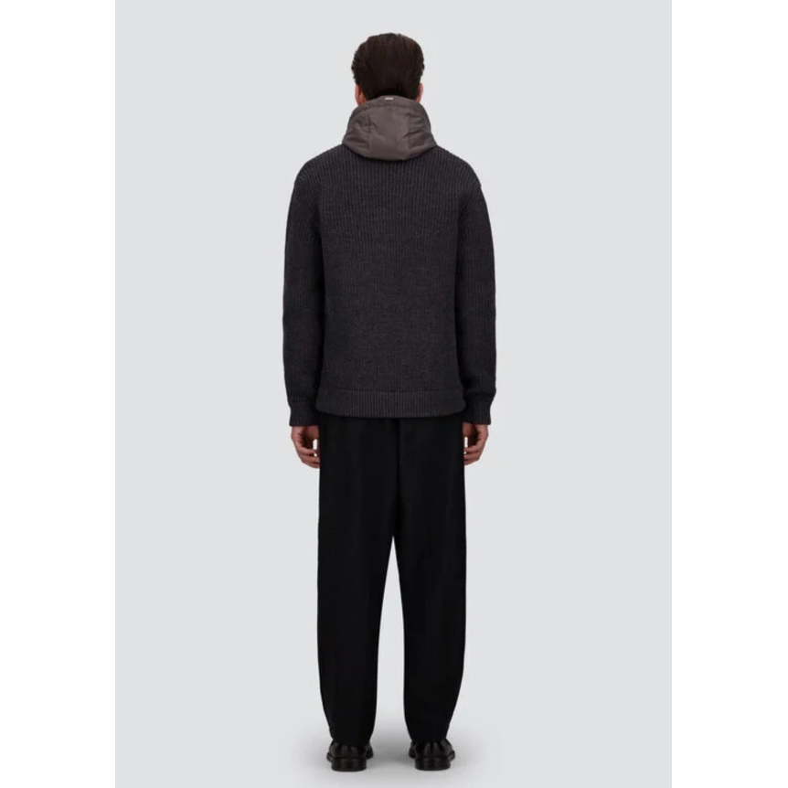 Cardigan zippé HERNO veste en côtes anglaises de pure laine mérinos gris anthracite capuche nylon