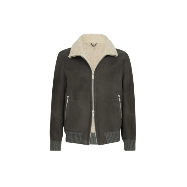 Blouson Bomber BRUNELLO CUCINELLI en peau de mouton Curly suédée gris