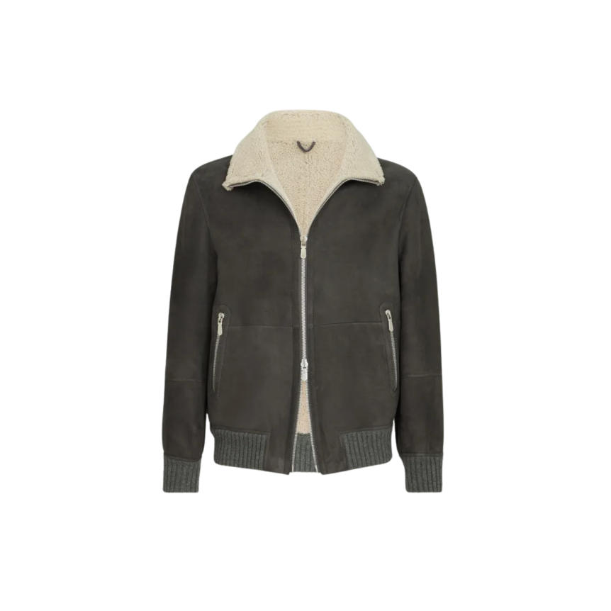 Blouson Bomber BRUNELLO CUCINELLI en peau de mouton Curly suédée gris