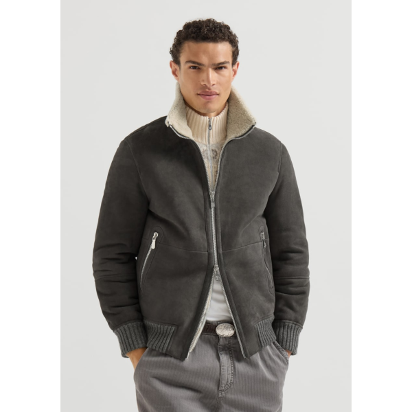 Blouson Bomber BRUNELLO CUCINELLI en peau de mouton Curly suédée gris