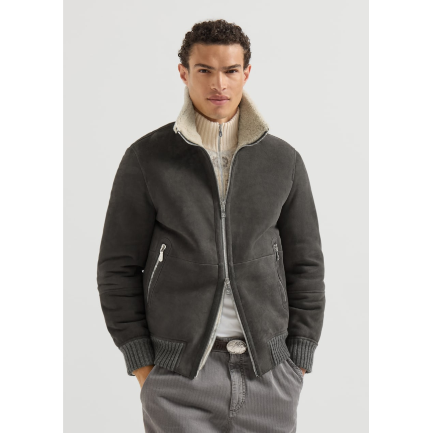 Blouson Bomber BRUNELLO CUCINELLI en peau de mouton Curly suédée gris