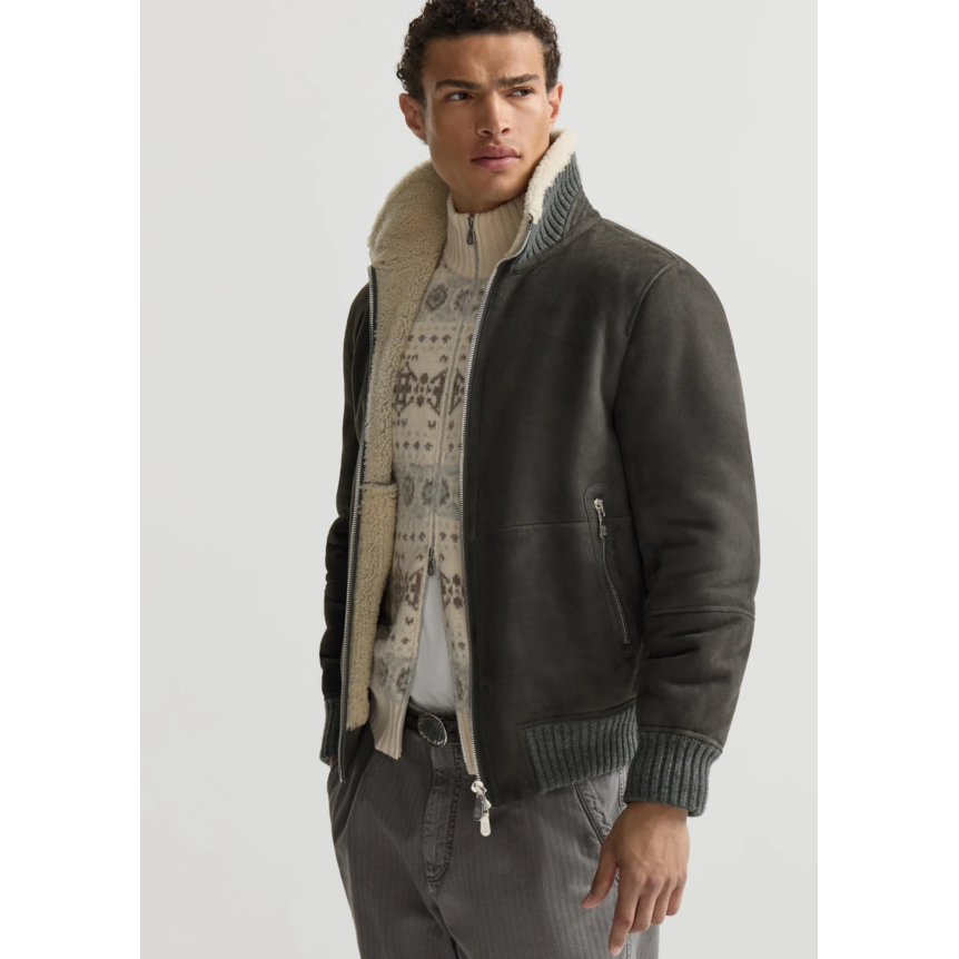 Blouson Bomber BRUNELLO CUCINELLI en peau de mouton Curly suédée gris