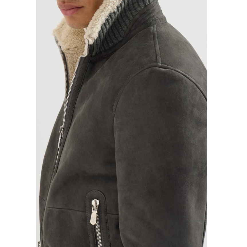 Blouson Bomber BRUNELLO CUCINELLI en peau de mouton Curly suédée gris