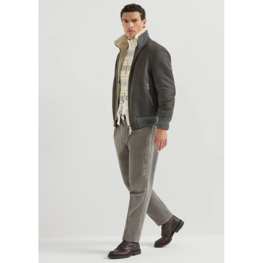 Blouson Bomber BRUNELLO CUCINELLI en peau de mouton Curly suédée gris