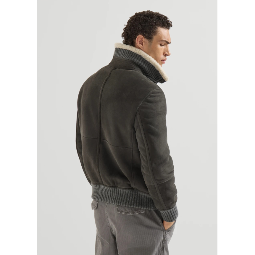 Blouson Bomber BRUNELLO CUCINELLI en peau de mouton Curly suédée gris