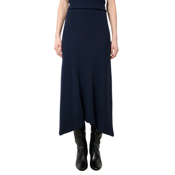 Jupe évasée BARBARA BUI maille tricot laine cachemire côtelé bleu navy