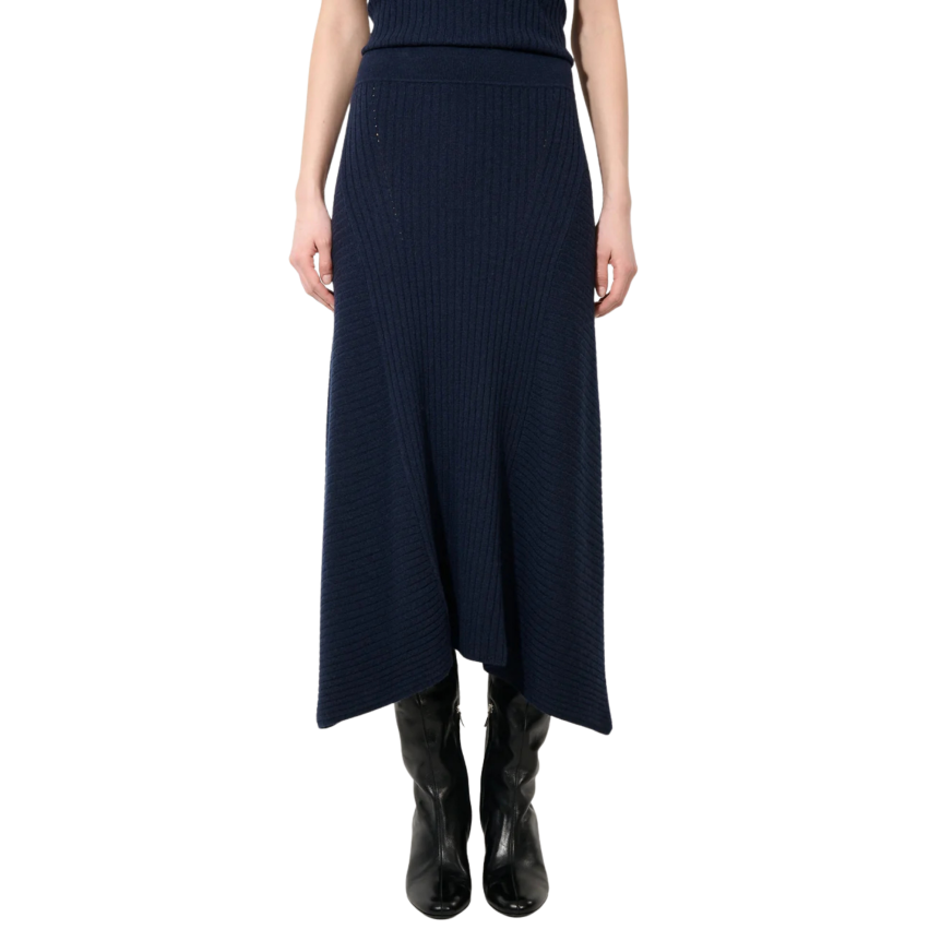 Jupe évasée BARBARA BUI maille tricot laine cachemire côtelé bleu navy