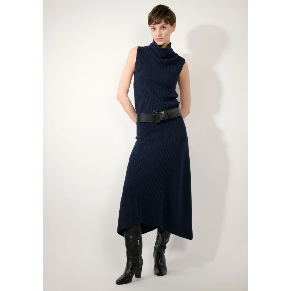 Jupe évasée BARBARA BUI maille tricot laine cachemire côtelé bleu navy