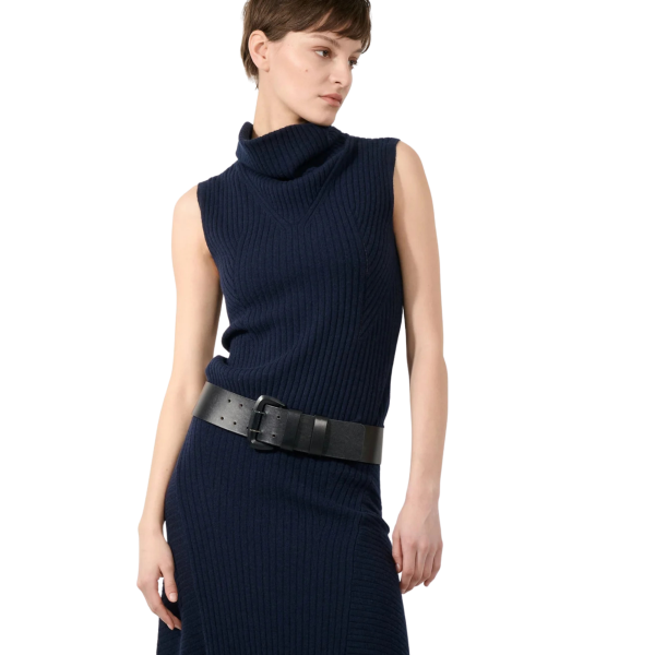 Pull col montant BARBARA BUI sans manches laine cachemire côtelée bleu navy
