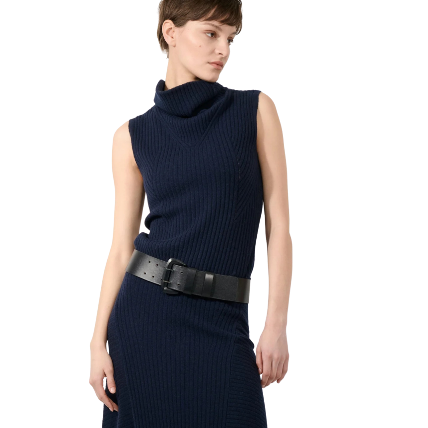 Pull col montant BARBARA BUI sans manches laine cachemire côtelée bleu navy