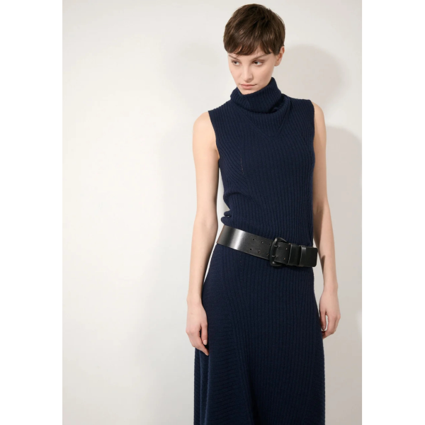 Pull col montant BARBARA BUI sans manches laine cachemire côtelée bleu navy