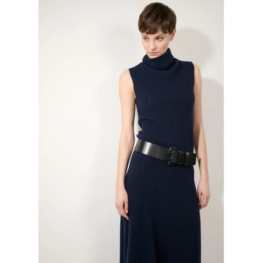 Pull col montant BARBARA BUI sans manches laine cachemire côtelée bleu navy