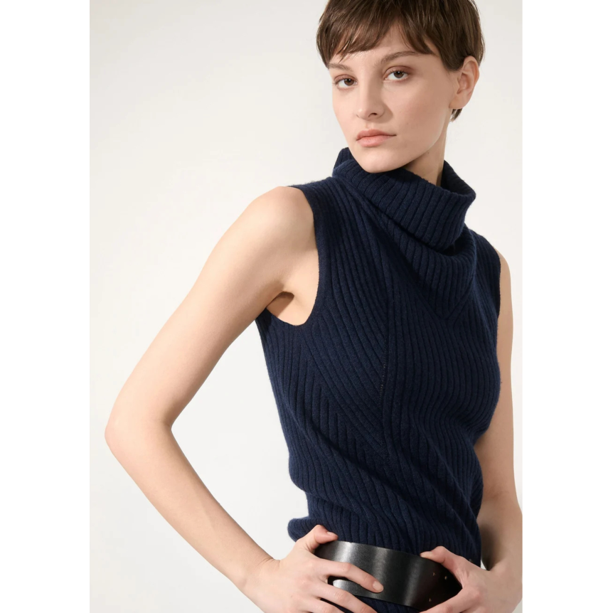 Pull col montant BARBARA BUI sans manches laine cachemire côtelée bleu navy