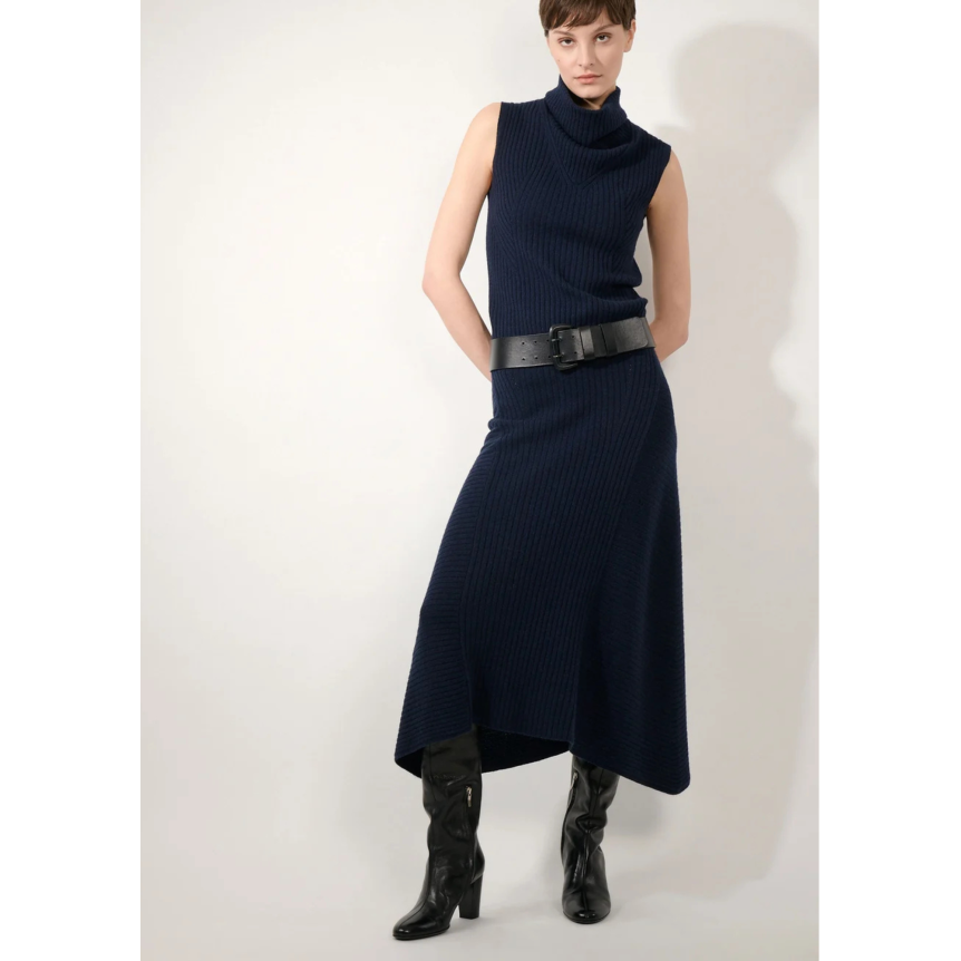 Pull col montant BARBARA BUI sans manches laine cachemire côtelée bleu navy