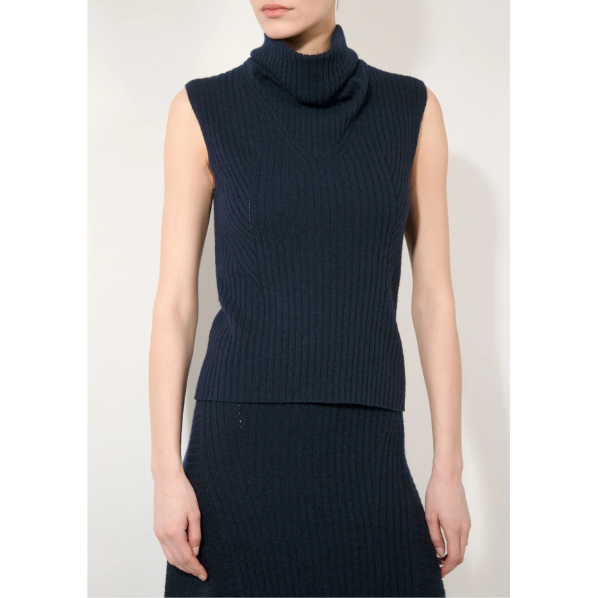 Pull col montant BARBARA BUI sans manches laine cachemire côtelée bleu navy
