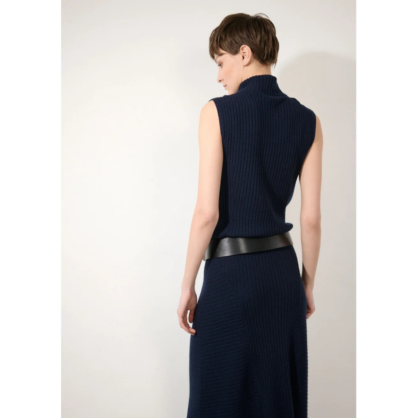 Pull col montant BARBARA BUI sans manches laine cachemire côtelée bleu navy